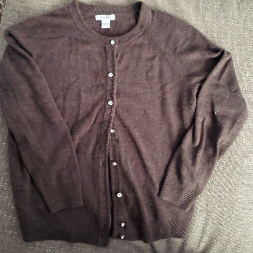 Luxe crew neck cardigan sweater with rhinestone buttons. Washable!